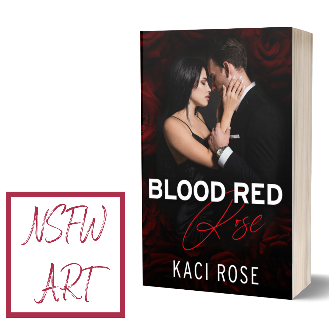 Book cover of 'Blood Red' by Kaci Rose with a couple embracing and red swirling design.
