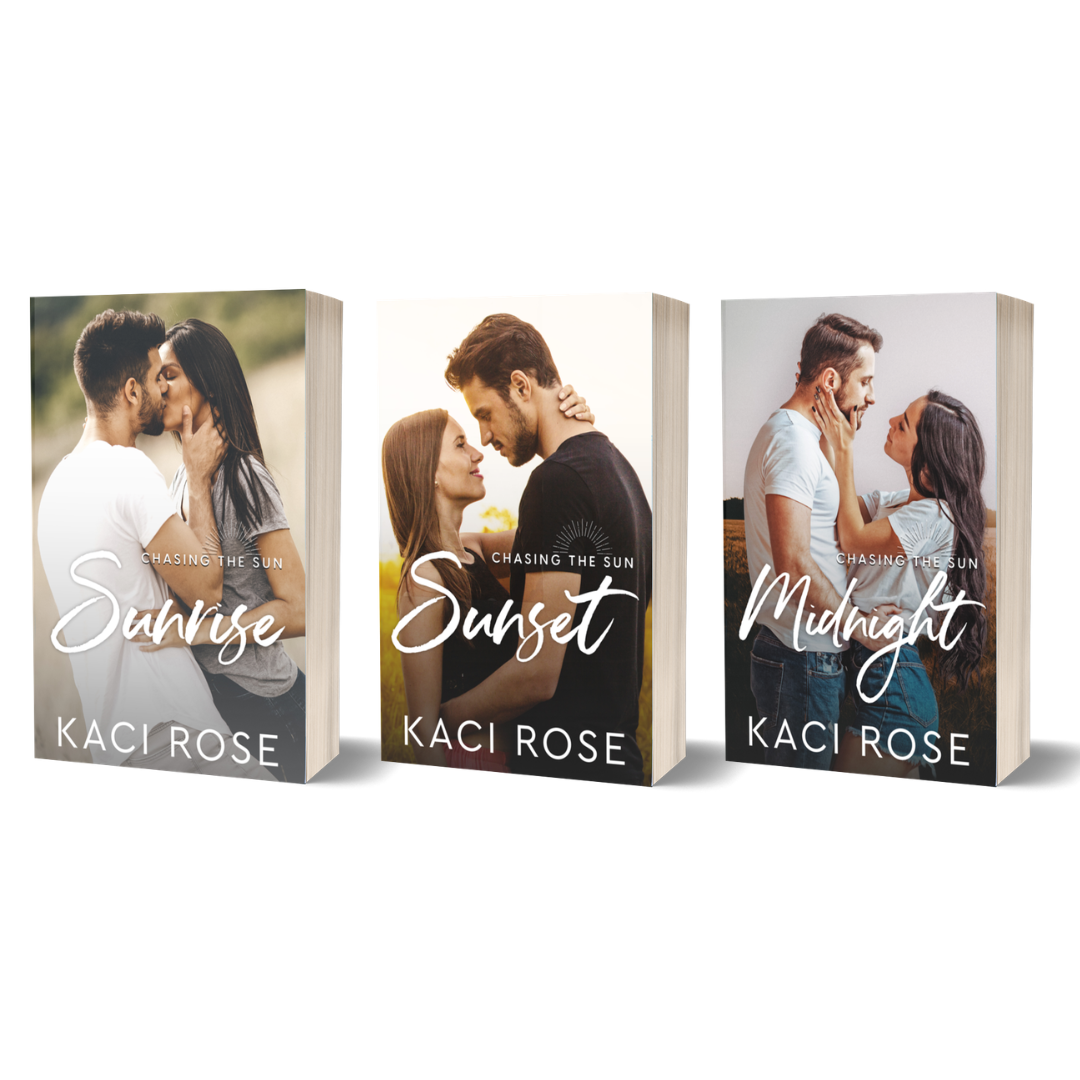 Three book covers by Kaci Rose featuring couples in romantic poses with 'Sunrise', 'Sunset', and 'Midnight' titles.
